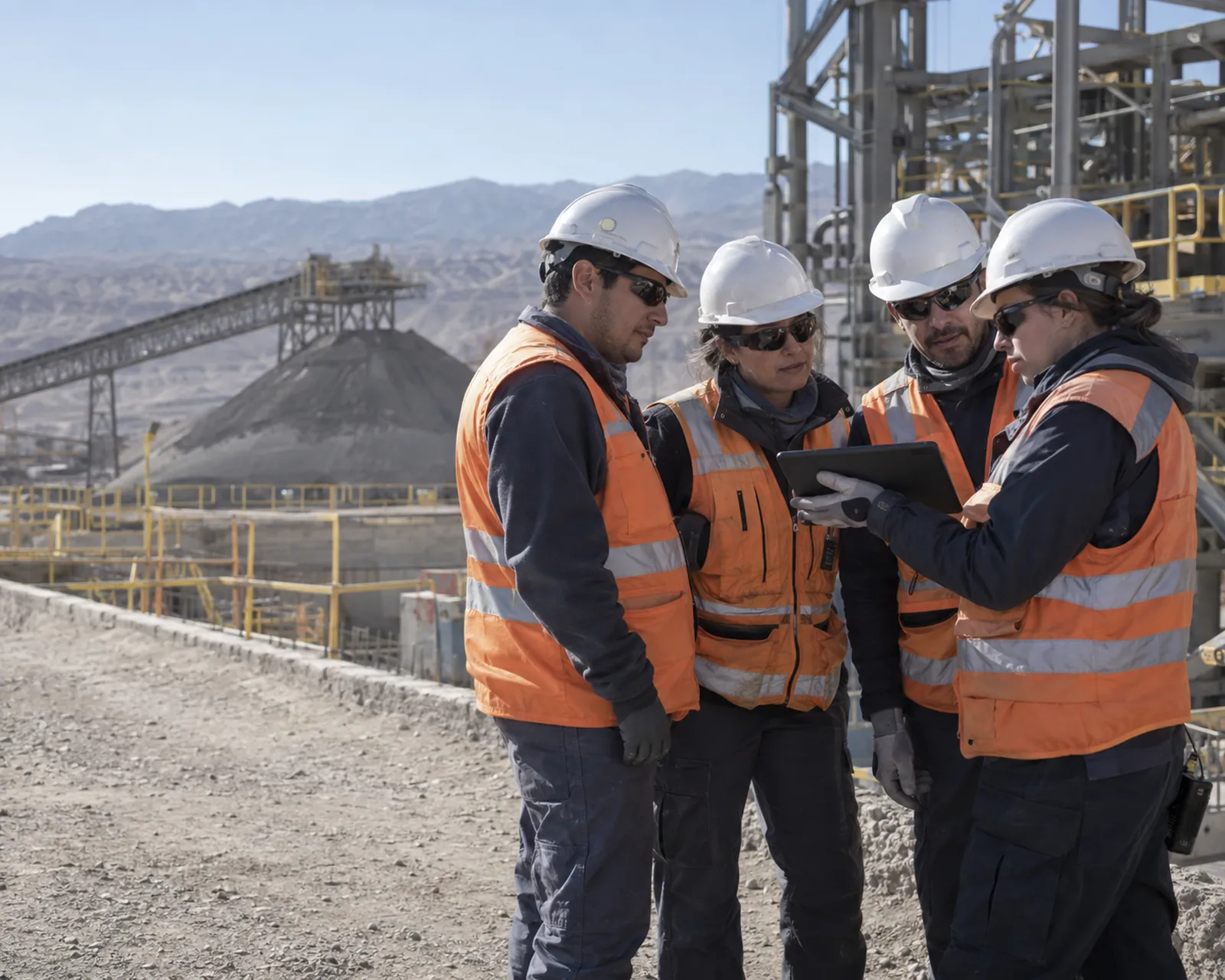 Cuadrilla de mantención revisando una tableta en faena