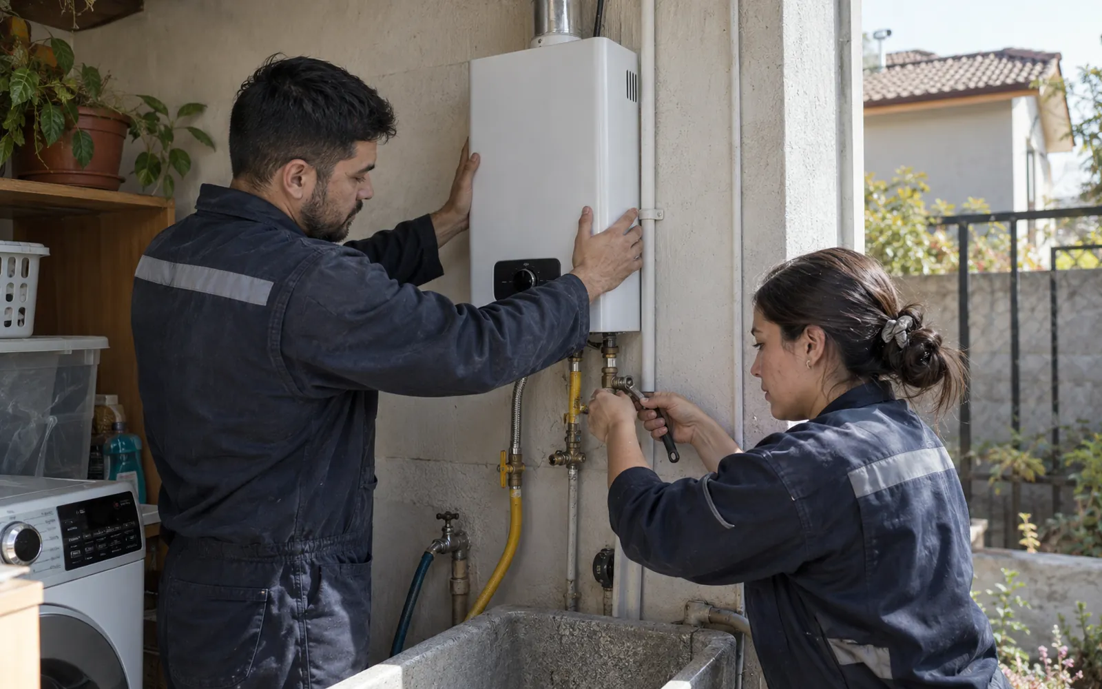 Dos técnicos instalando un calefont