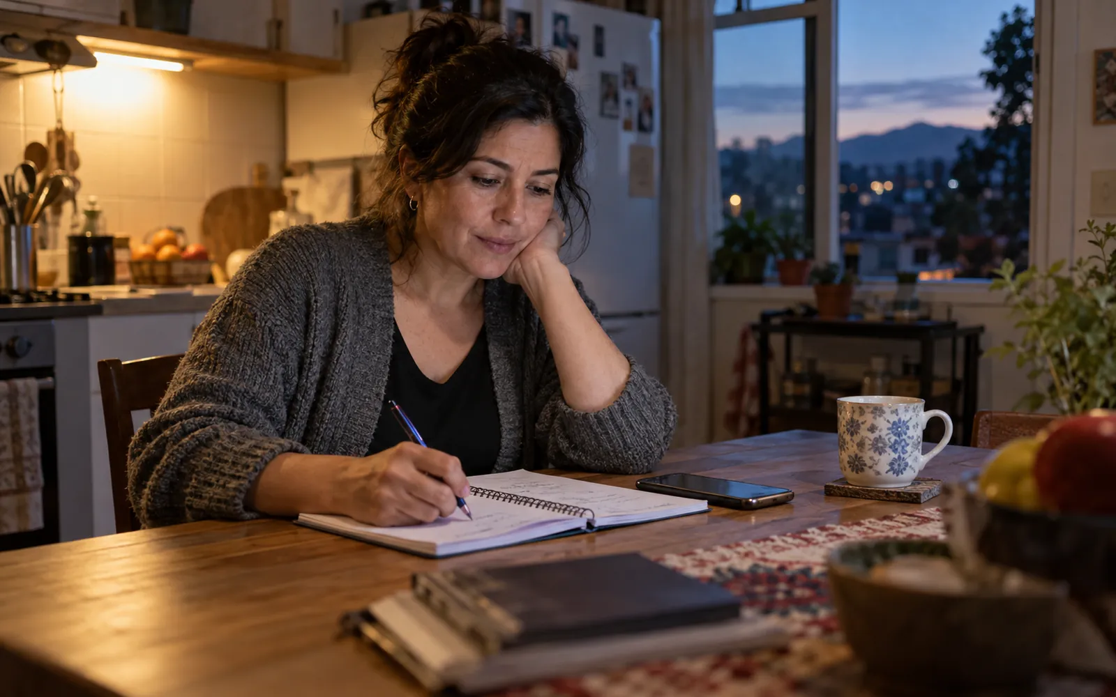 Trabajadora estudiando en la mesa de su cocina