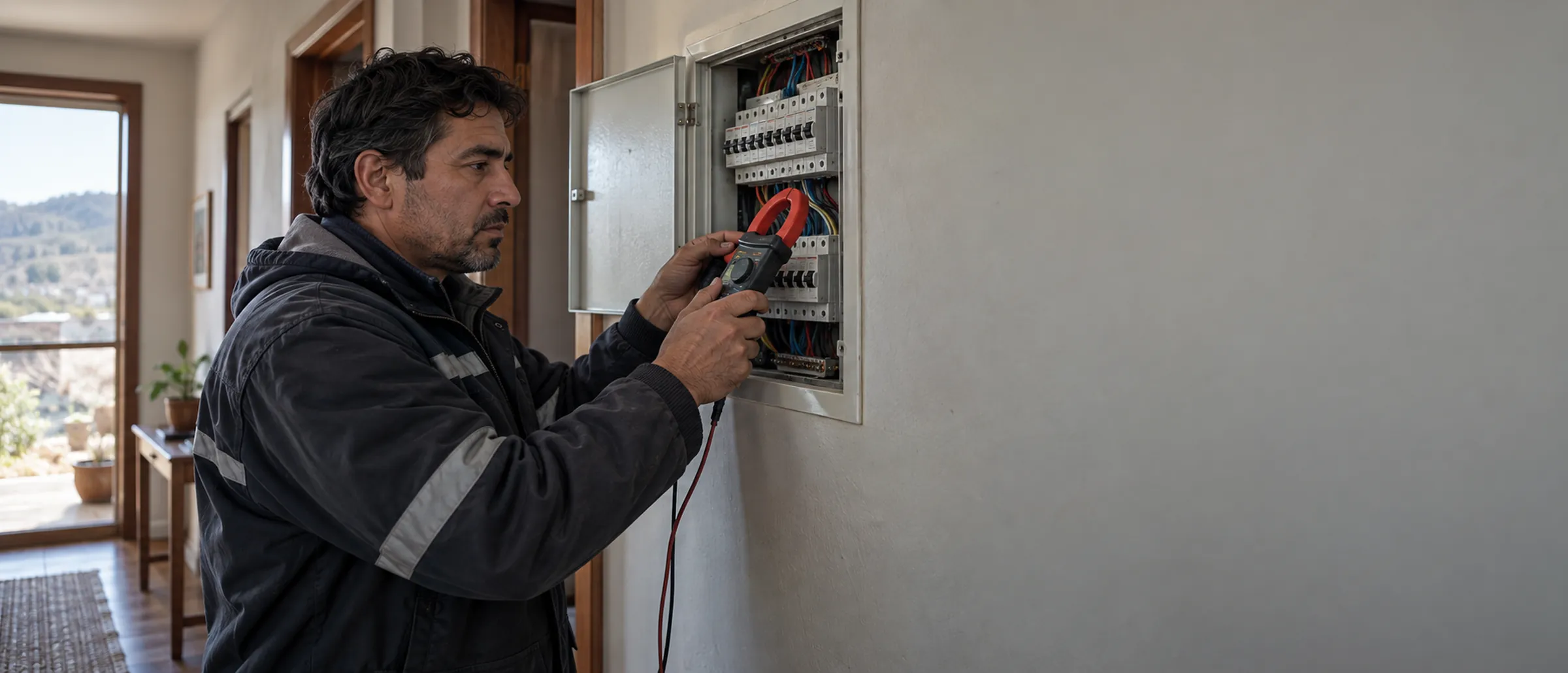 Instalador eléctrico midiendo un tablero de vivienda con una pinza amperimétrica