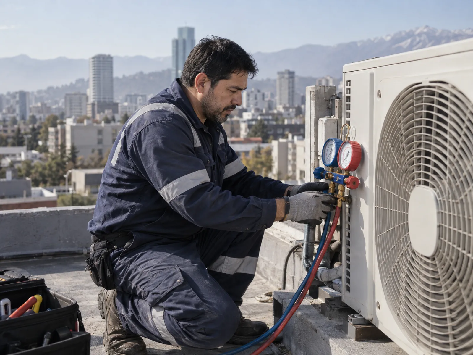 Técnico conectando manómetros a una unidad de aire acondicionado