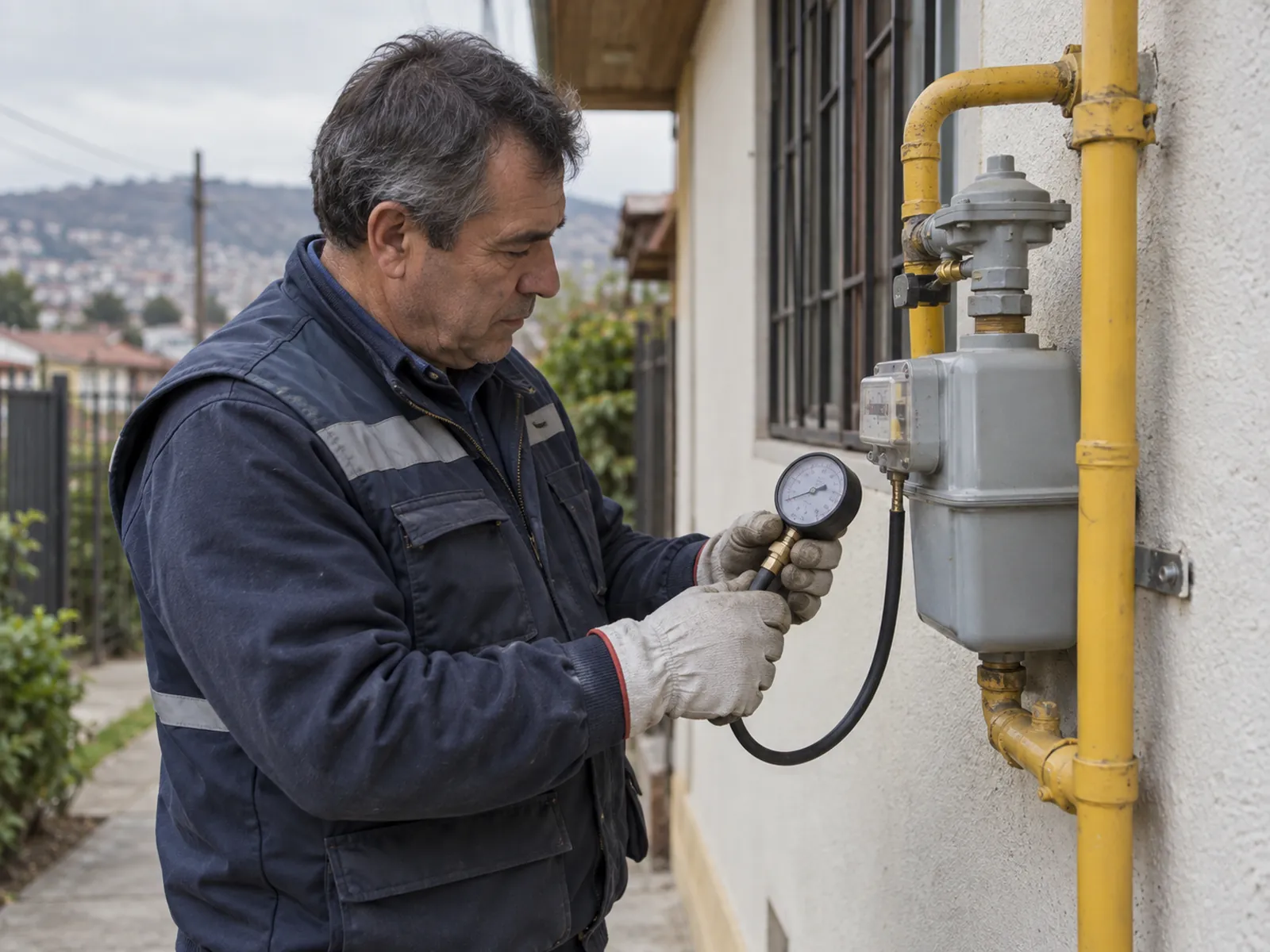 Instalador de gas revisando el medidor con un manómetro