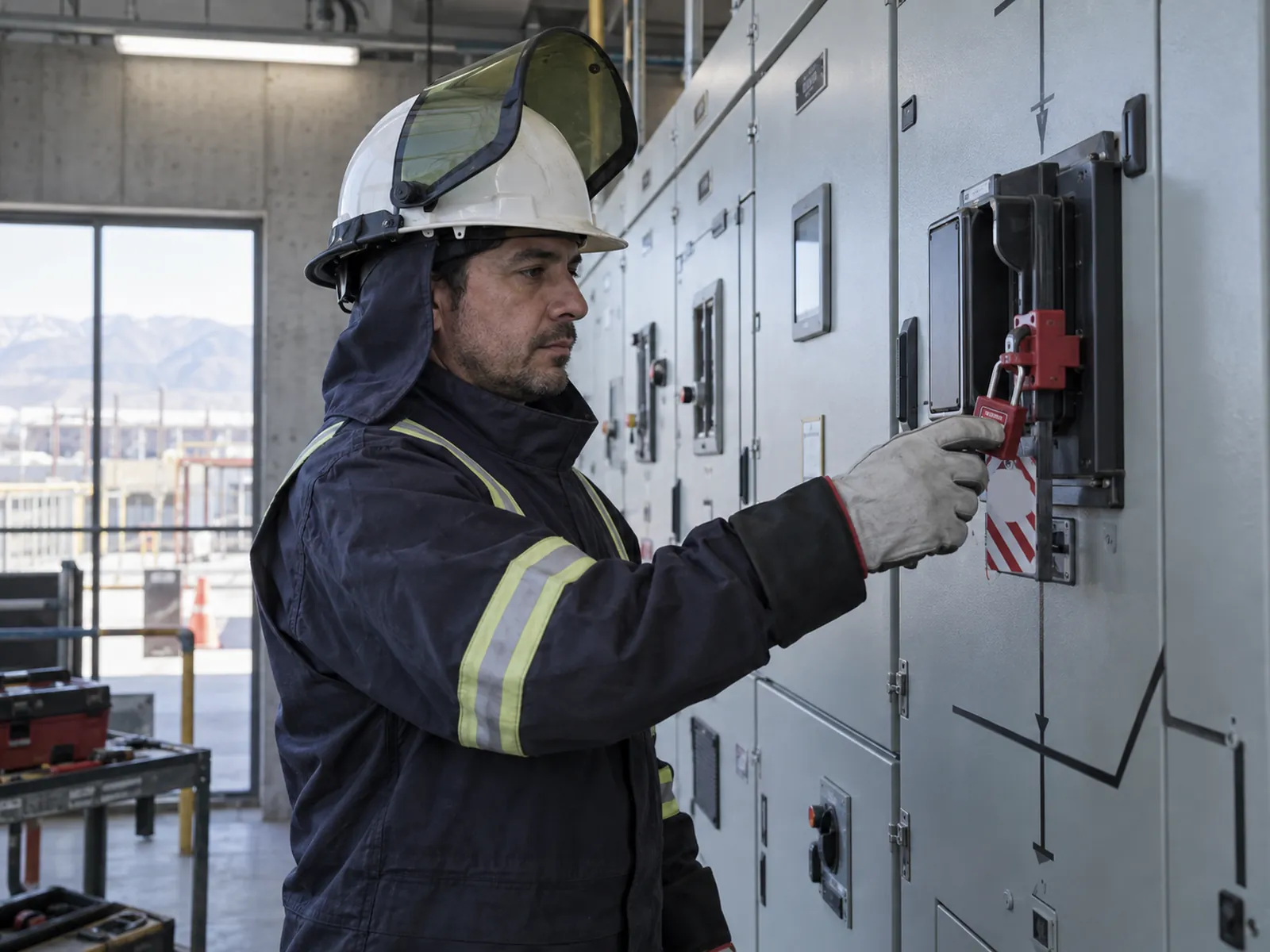 Especialista en seguridad eléctrica bloqueando un tablero industrial